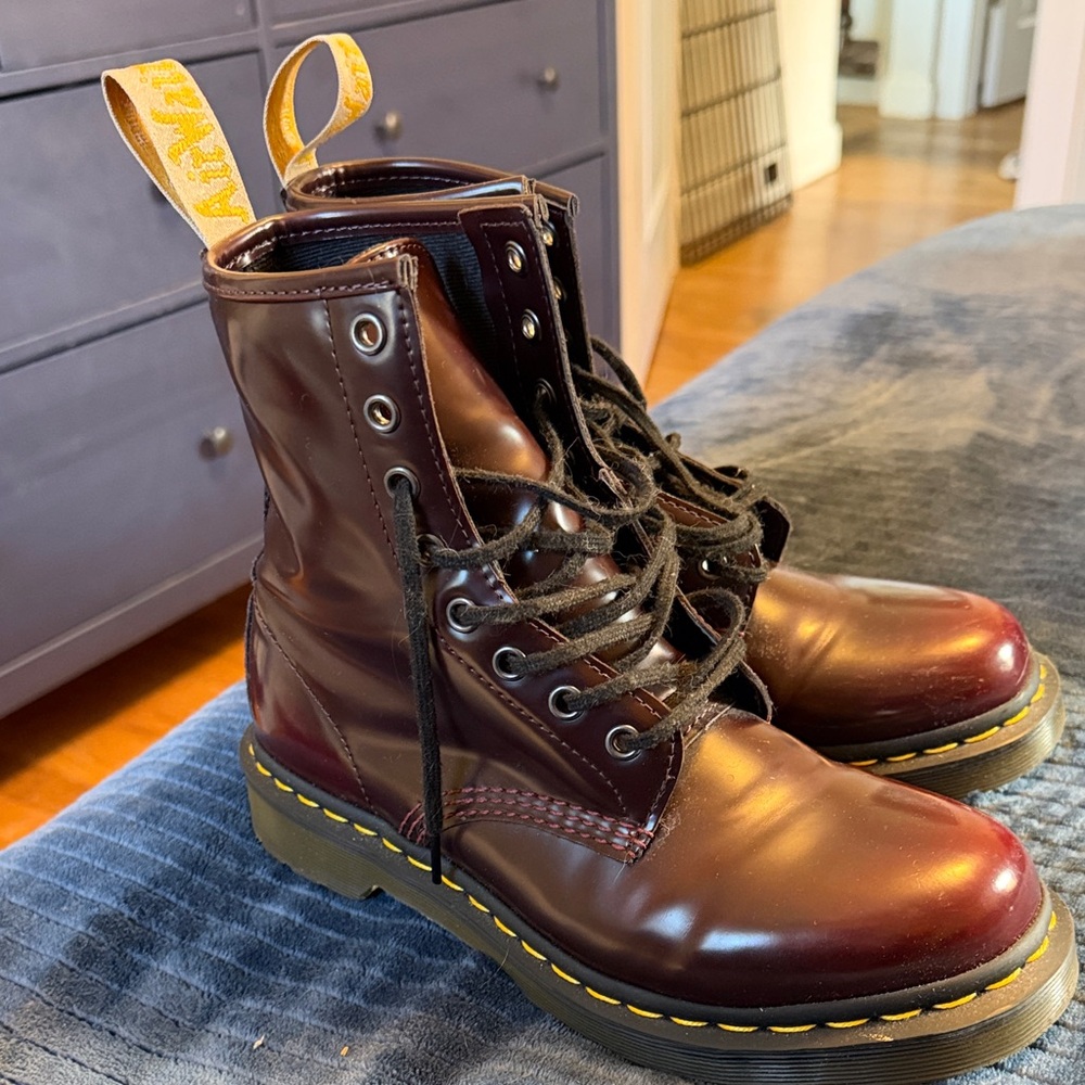 Dr. Martens Cherry Red Lace-Up 8-Eye Boots with Yellow Stitching